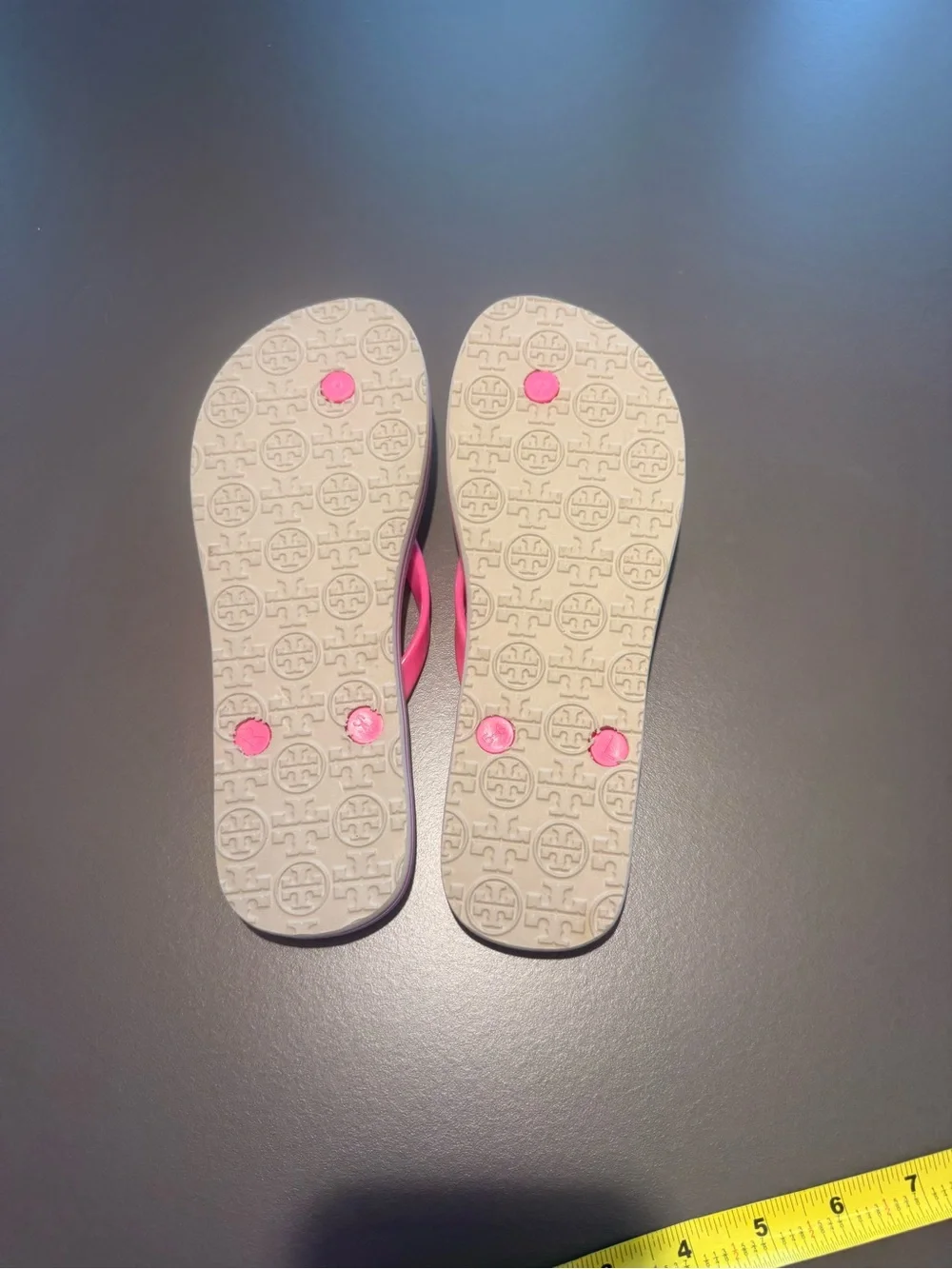 Tory Burch Eva Pink Tan Stripe side Logo Flip Flop Sandals Size 5-6